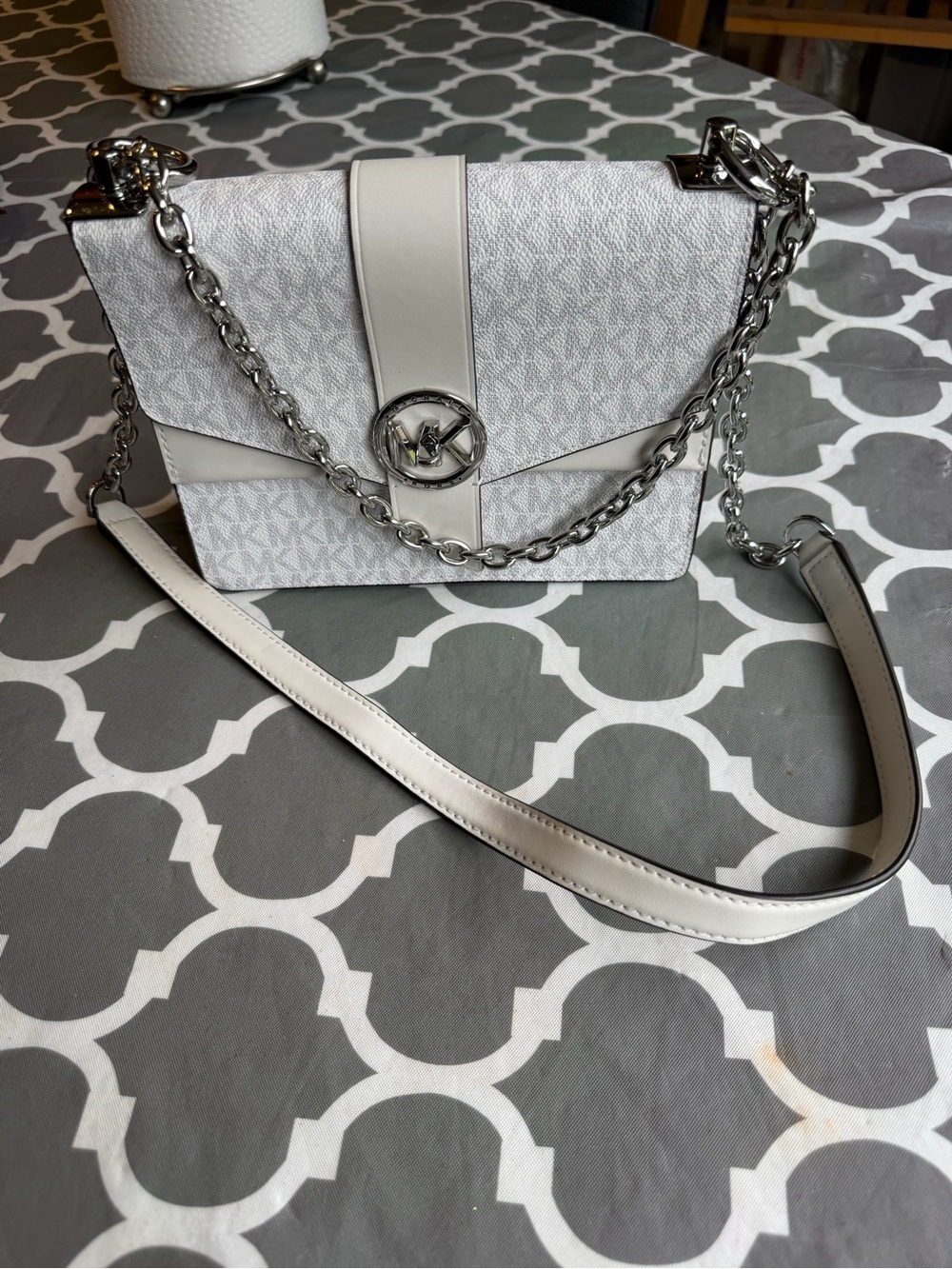Michael Kors Greenwich Medium Logo Satchel - White on white signature print